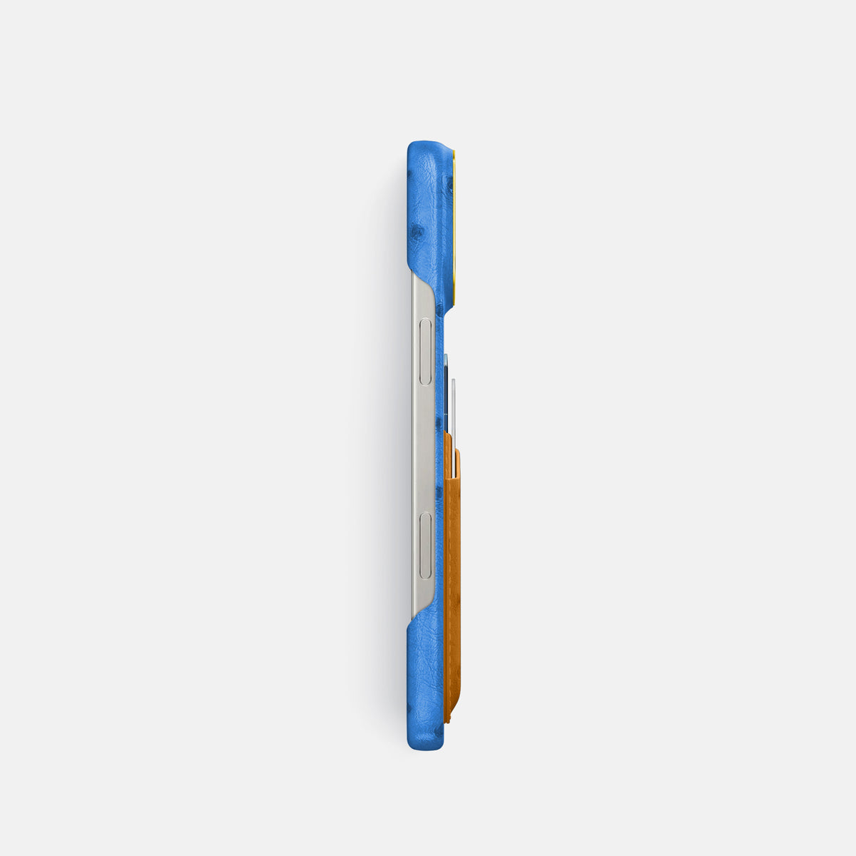Royal-Blue-Chestnut iPhone 16 Pro Card Case Ostrich with Gold Metal -3 | Royal-Blue-Chestnut-Gold