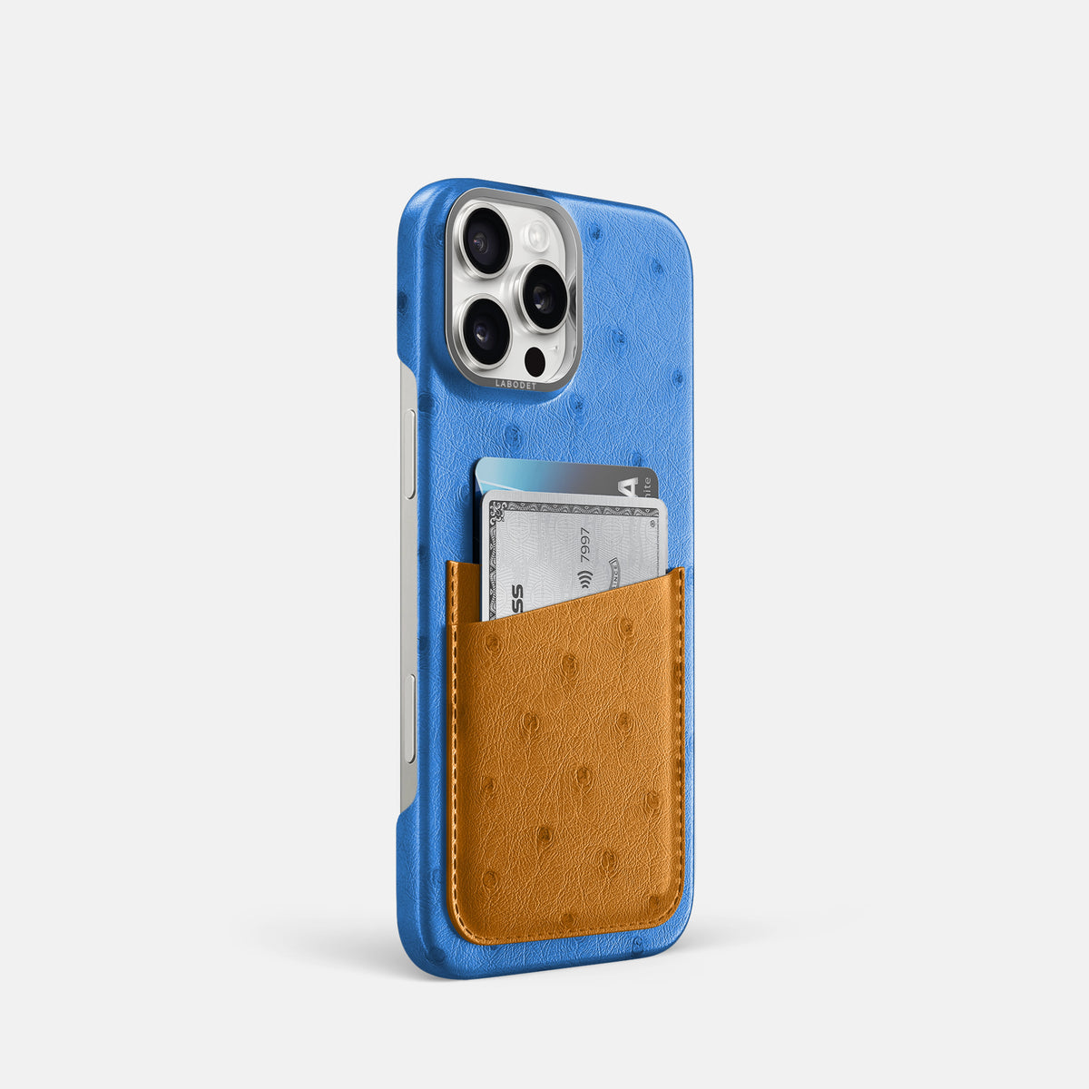 Royal-Blue-Chestnut iPhone 16 Pro Card Case Ostrich with Steel Metal -2 | Royal-Blue-Chestnut-Steel