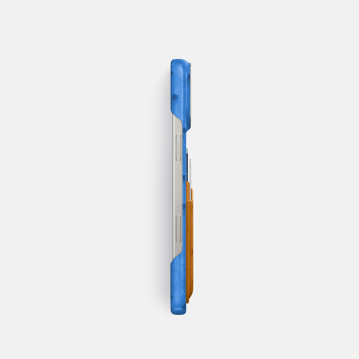 Royal-Blue-Chestnut iPhone 16 Pro Card Case Ostrich with Steel Metal -3 | Royal-Blue-Chestnut-Steel
