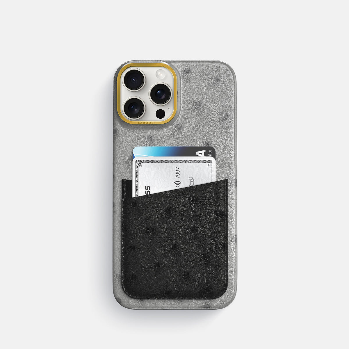 Silver-Black iPhone 16 Pro Card Case Ostrich with Gold Metal -1 | Silver-Black-Gold