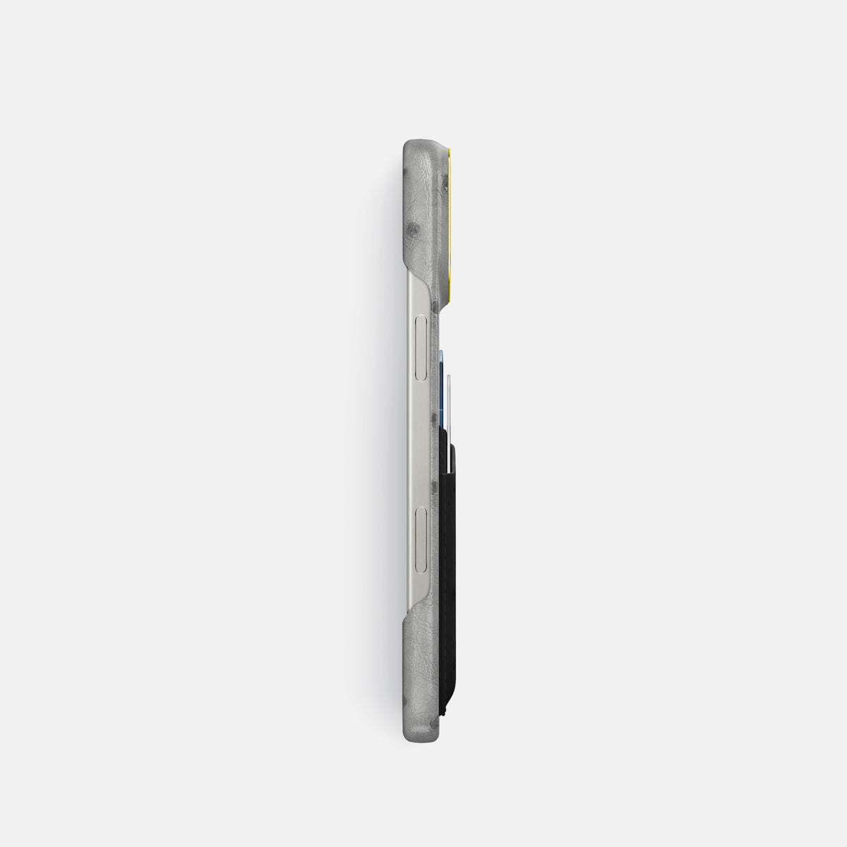 Silver-Black iPhone 16 Pro Card Case Ostrich with Gold Metal -3 | Silver-Black-Gold