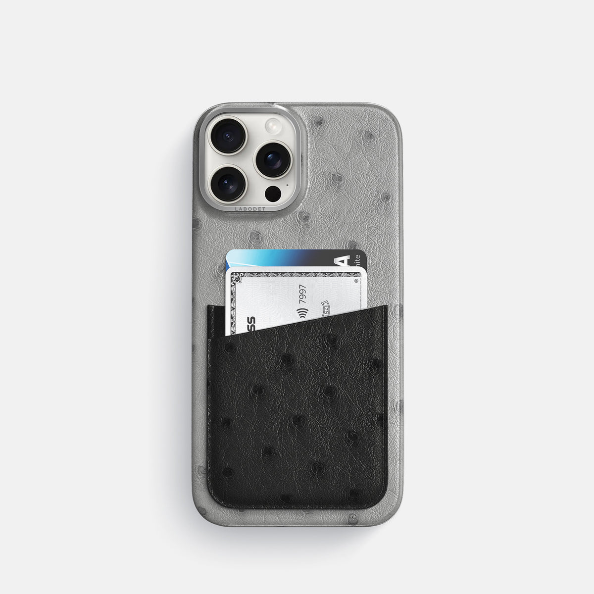Silver-Black iPhone 16 Pro Card Case Ostrich with Steel Metal -1 | Silver-Black-Steel