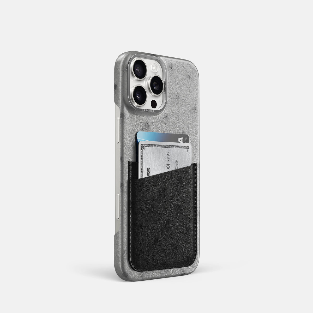 Silver-Black iPhone 16 Pro Card Case Ostrich with Steel Metal -2 | Silver-Black-Steel