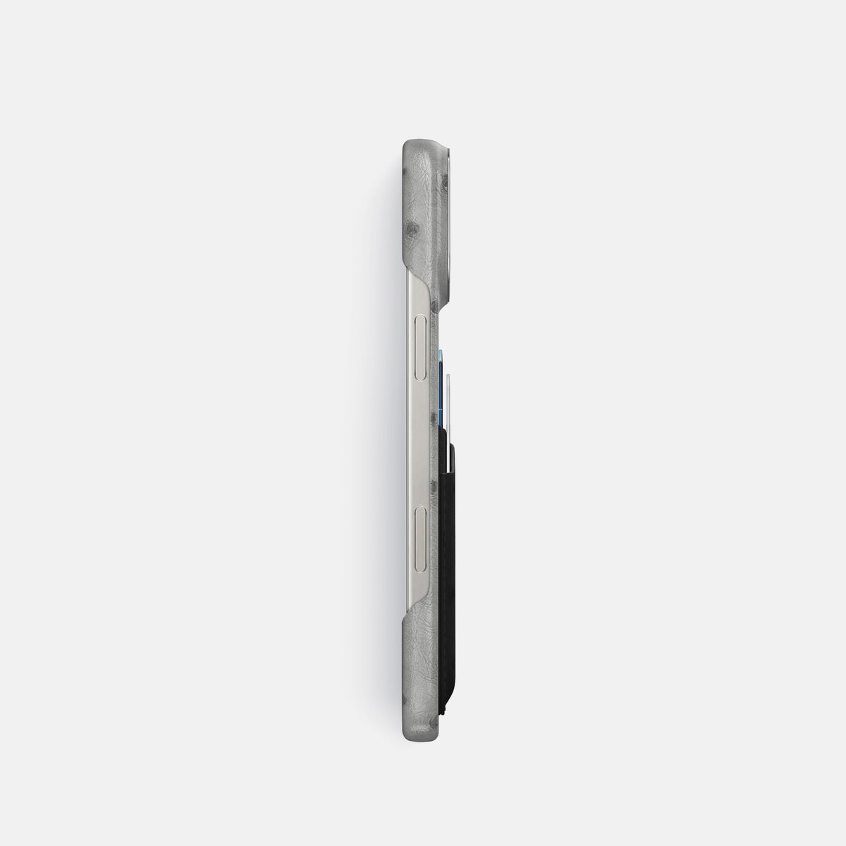 Silver-Black iPhone 16 Pro Card Case Ostrich with Steel Metal -3 | Silver-Black-Steel