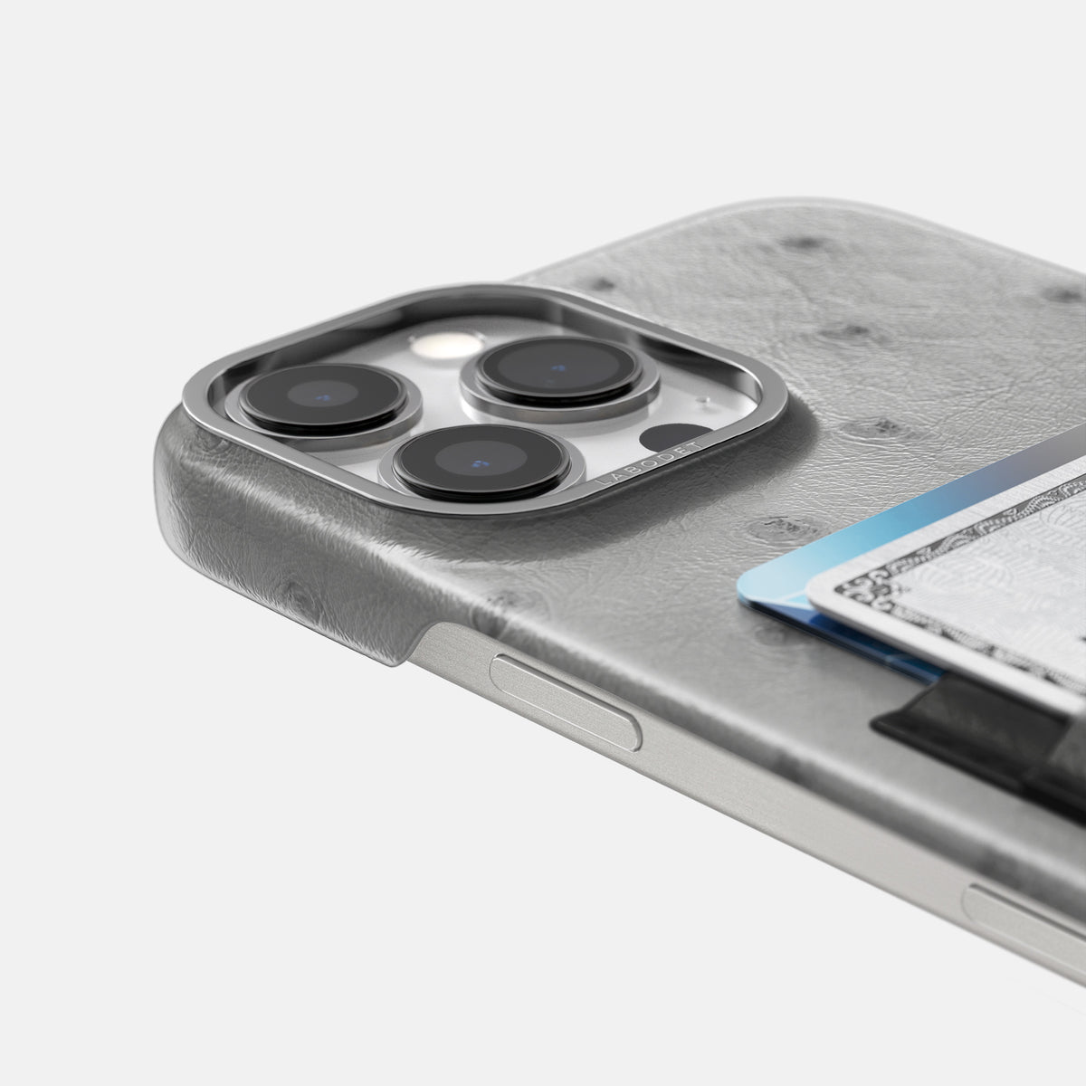Silver-Black iPhone 16 Pro Card Case Ostrich with Steel Metal -5 | Silver-Black-Steel