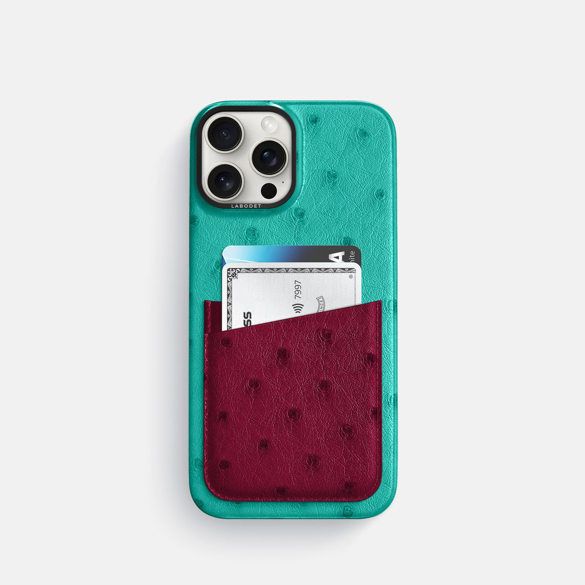 Turquoise-Bordeaux iPhone 16 Pro Card Case Ostrich with Black Metal -1 | Turquoise-Bordeaux-Black