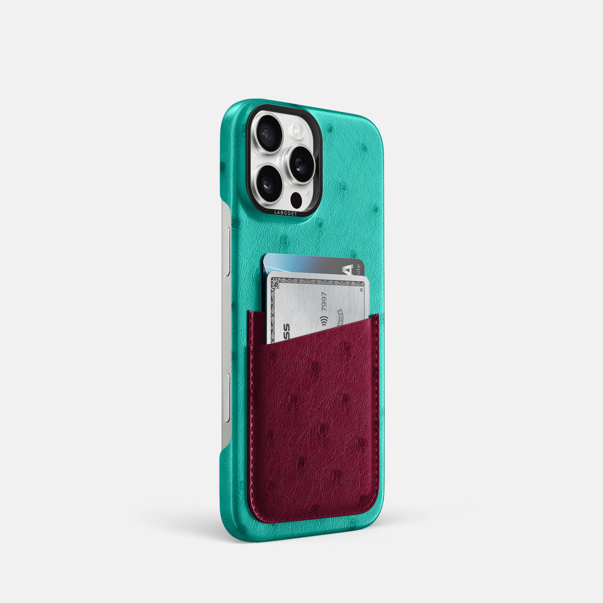Turquoise-Bordeaux iPhone 16 Pro Card Case Ostrich with Black Metal -2 | Turquoise-Bordeaux-Black