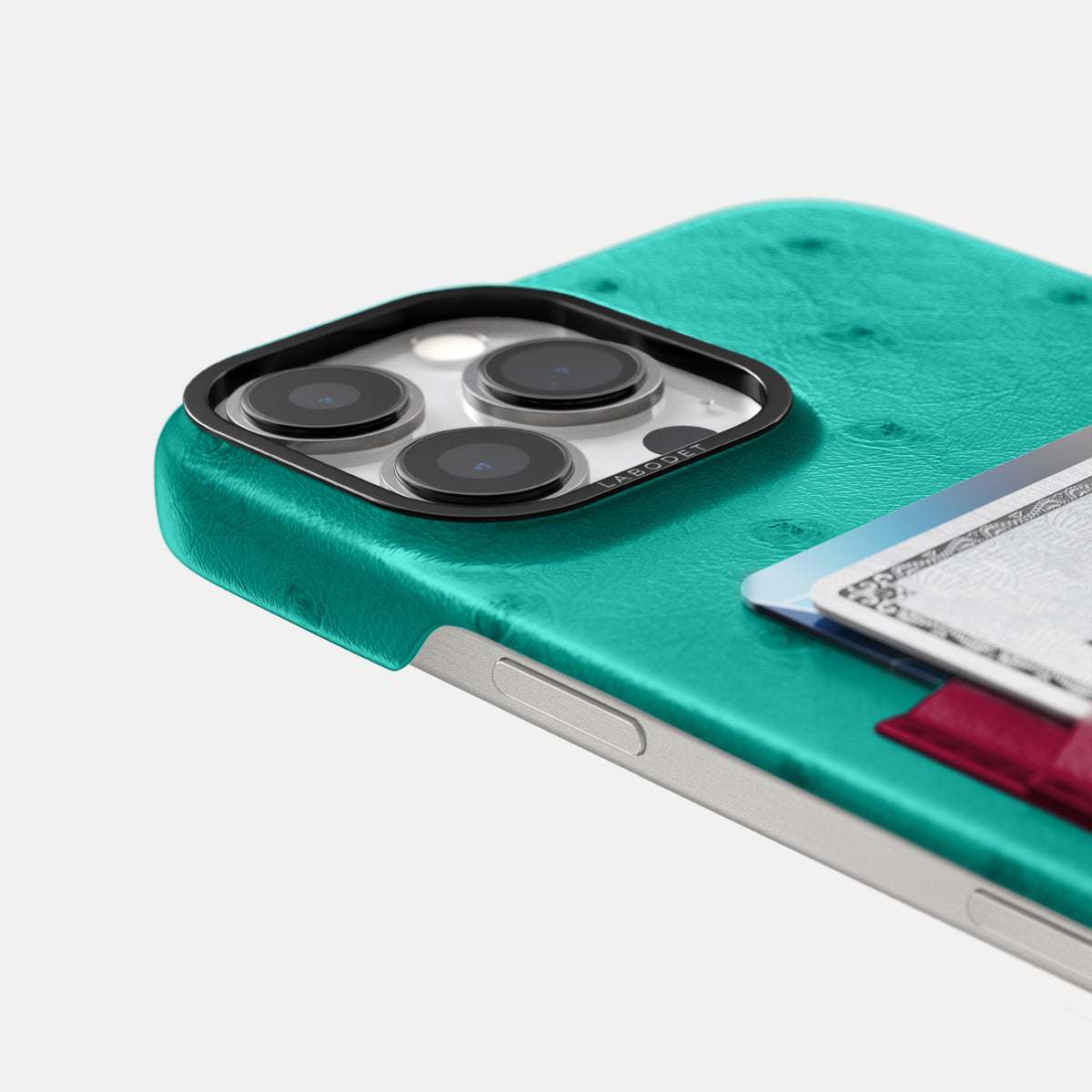 Turquoise-Bordeaux iPhone 16 Pro Card Case Ostrich with Black Metal -5 | Turquoise-Bordeaux-Black