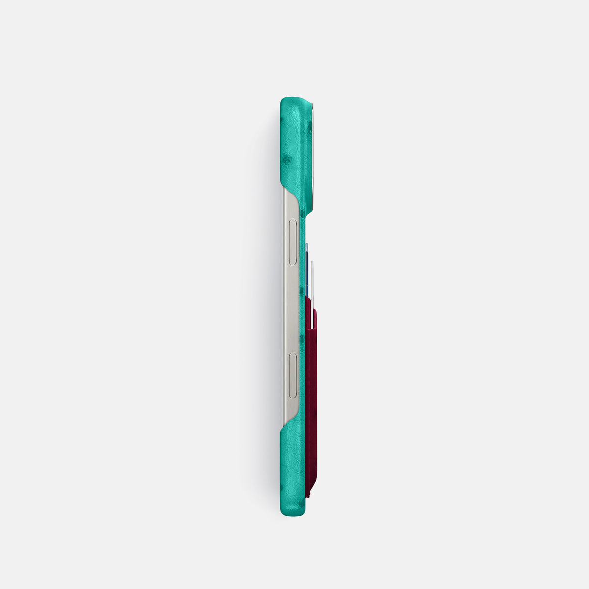 Turquoise-Bordeaux iPhone 16 Pro Card Case Ostrich with Steel Metal -3 | Turquoise-Bordeaux-Steel