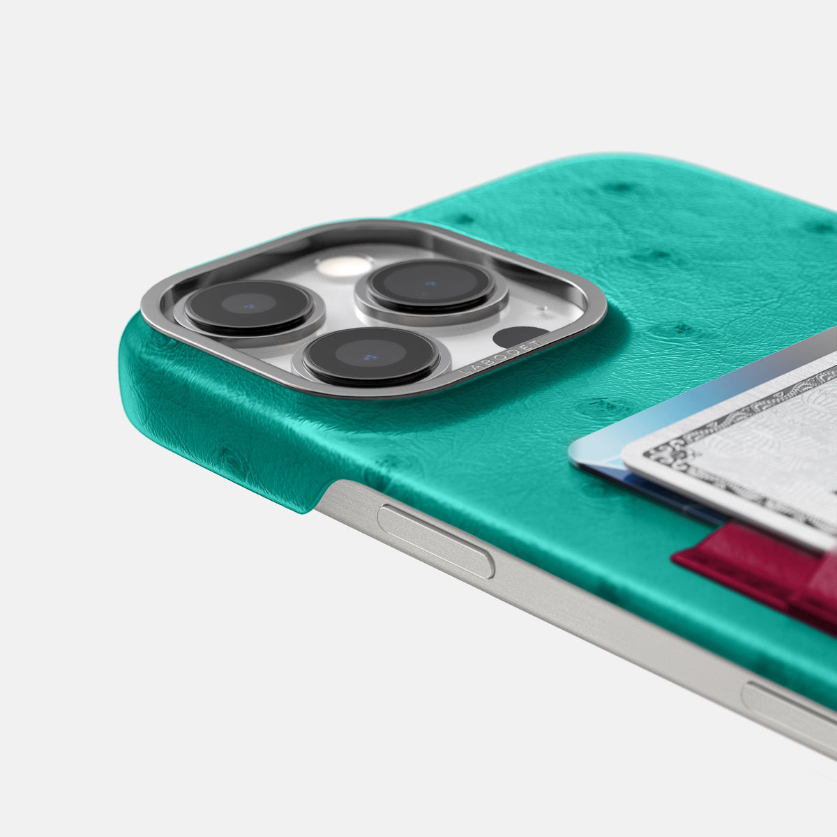 Turquoise-Bordeaux iPhone 16 Pro Card Case Ostrich with Steel Metal -5 | Turquoise-Bordeaux-Steel
