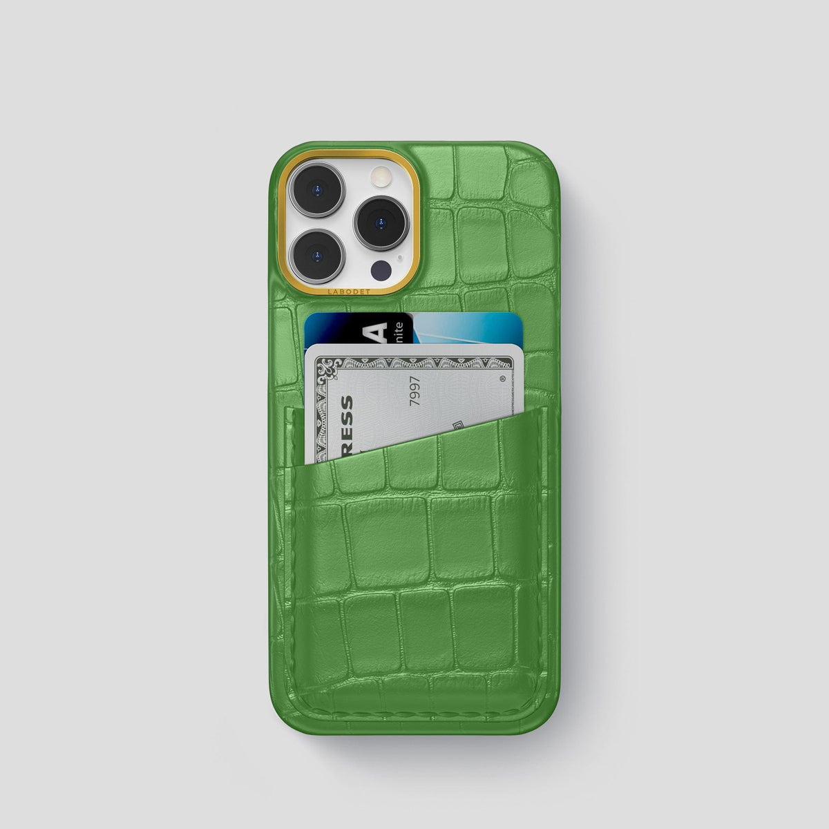 Apple-Green iPhone 14 Pro Card Case Alligator with Gold Metal -1 | Apple-Green-Gold