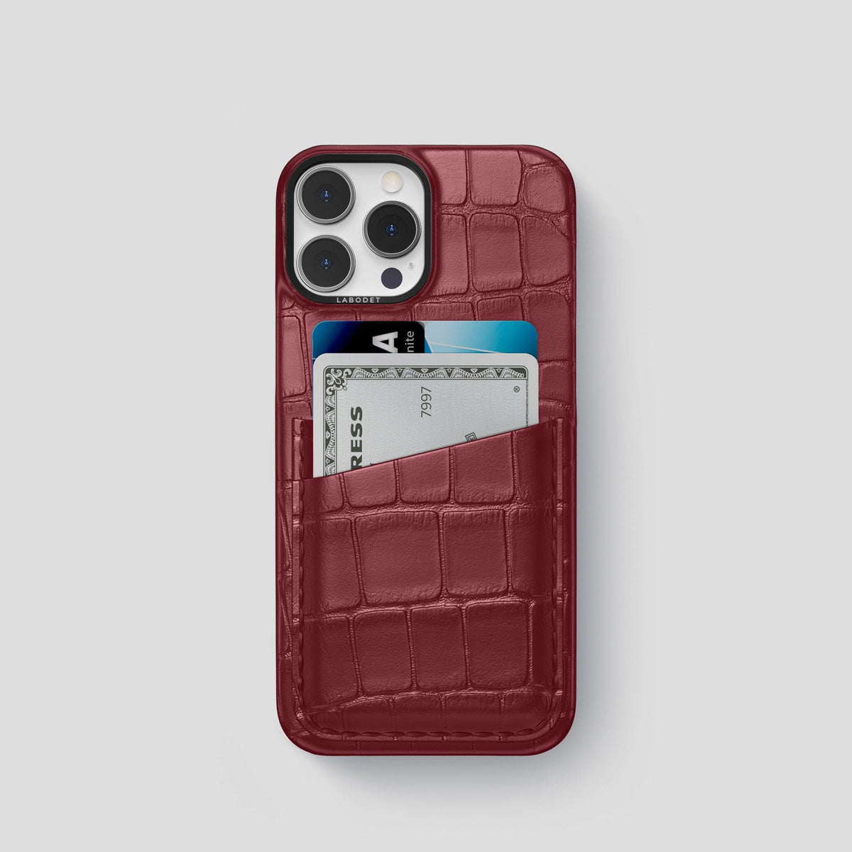 Burgundy iPhone 14 Pro Card Case Alligator with Black Metal -1 | Burgundy-Black