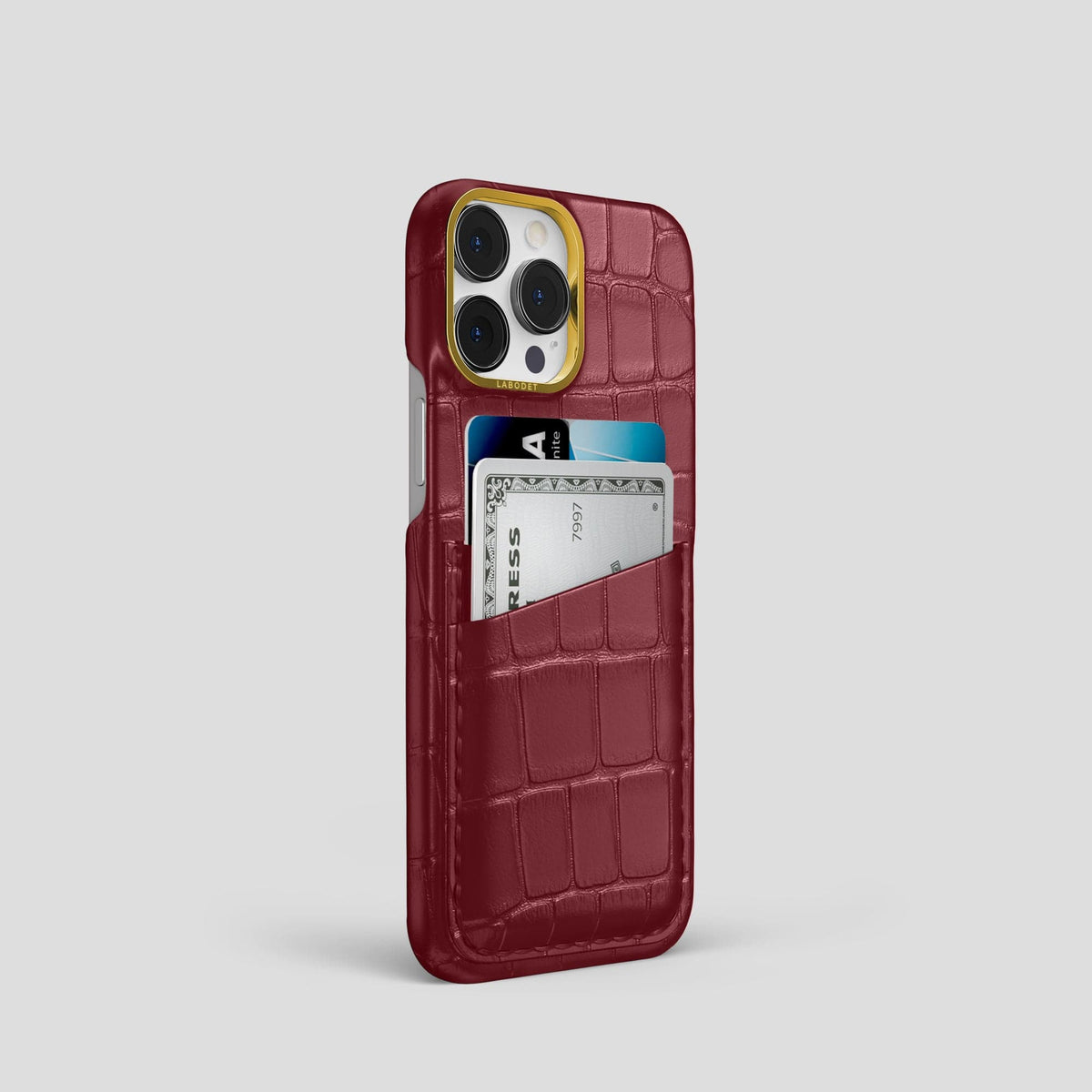 Burgundy iPhone 14 Pro Card Case Alligator with Gold Metal -2 | Burgundy-Gold