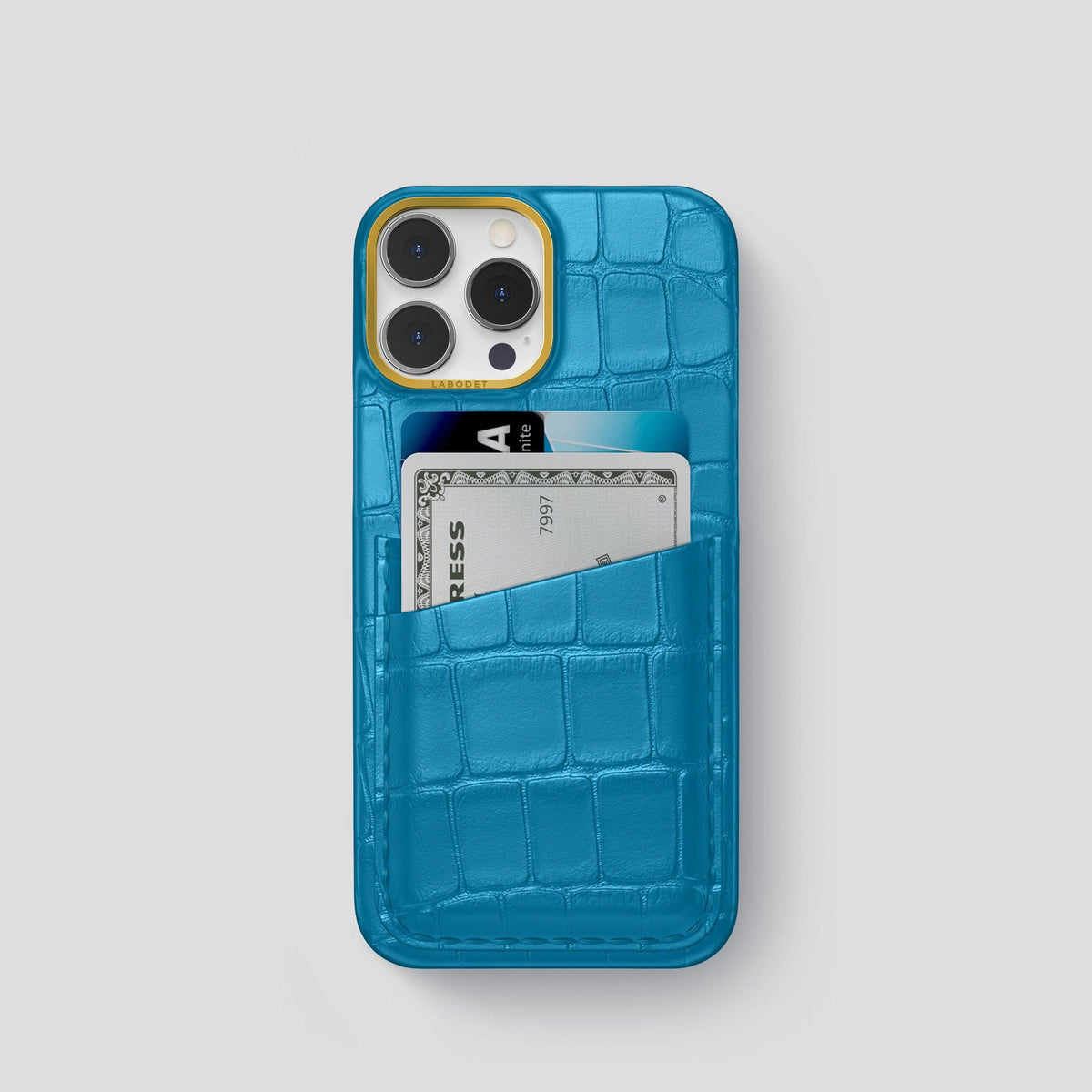 Curaçao-Blue iPhone 14 Pro Card Case Alligator with Gold Metal -1 | Curaçao-Blue-Gold