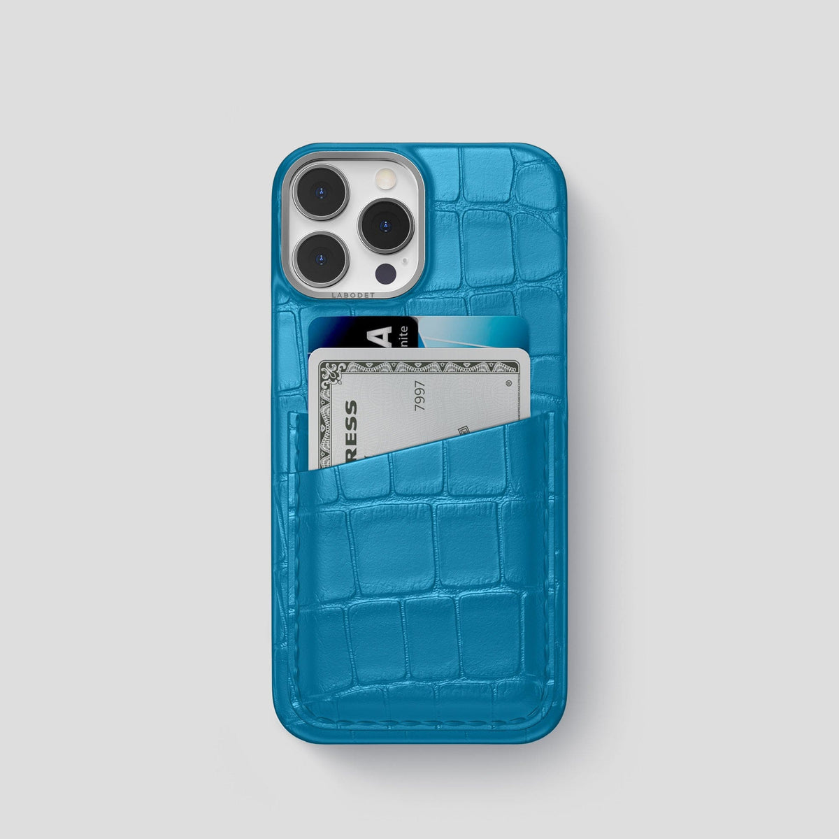 Curaçao-Blue iPhone 14 Pro Card Case Alligator with Steel Metal -1 | Curaçao-Blue-Steel