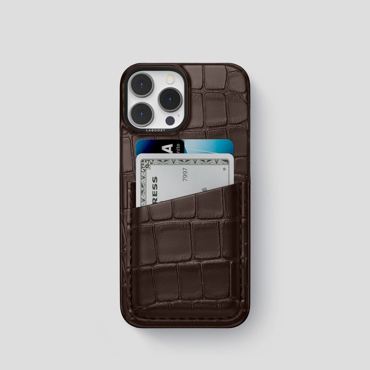 Dark Brown iPhone 14 Pro Card Case Alligator with Black Metal -1 | Dark-Brown-Black