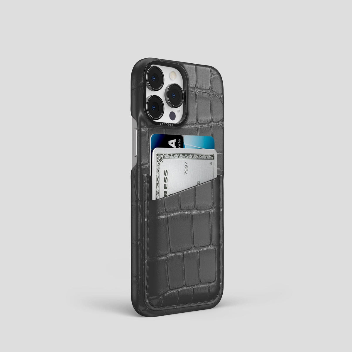 Grey iPhone 14 Pro Card Case Alligator with Black Metal -2 | Grey-Black