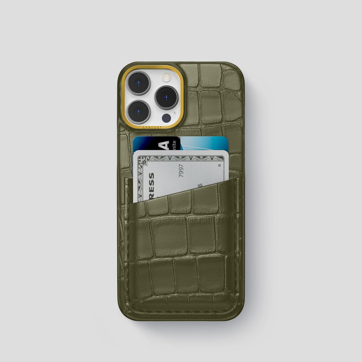 Kaki-Green iPhone 14 Pro Card Case Alligator with Gold Metal -1 | Kaki-Green-Gold