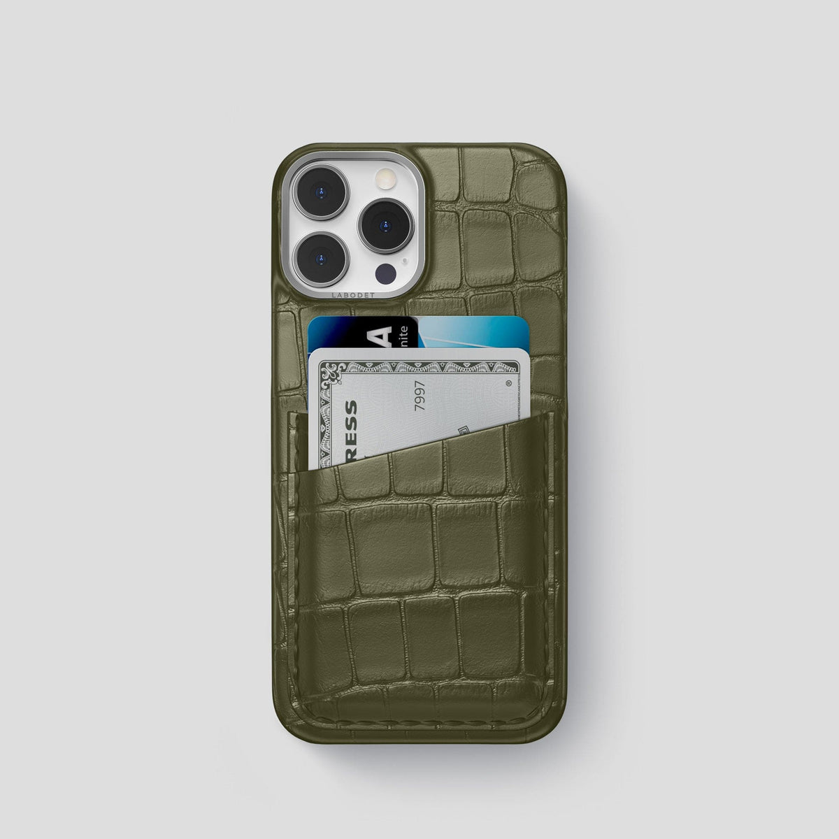 Kaki-Green iPhone 14 Pro Card Case Alligator with Steel Metal -1 | Kaki-Green-Steel