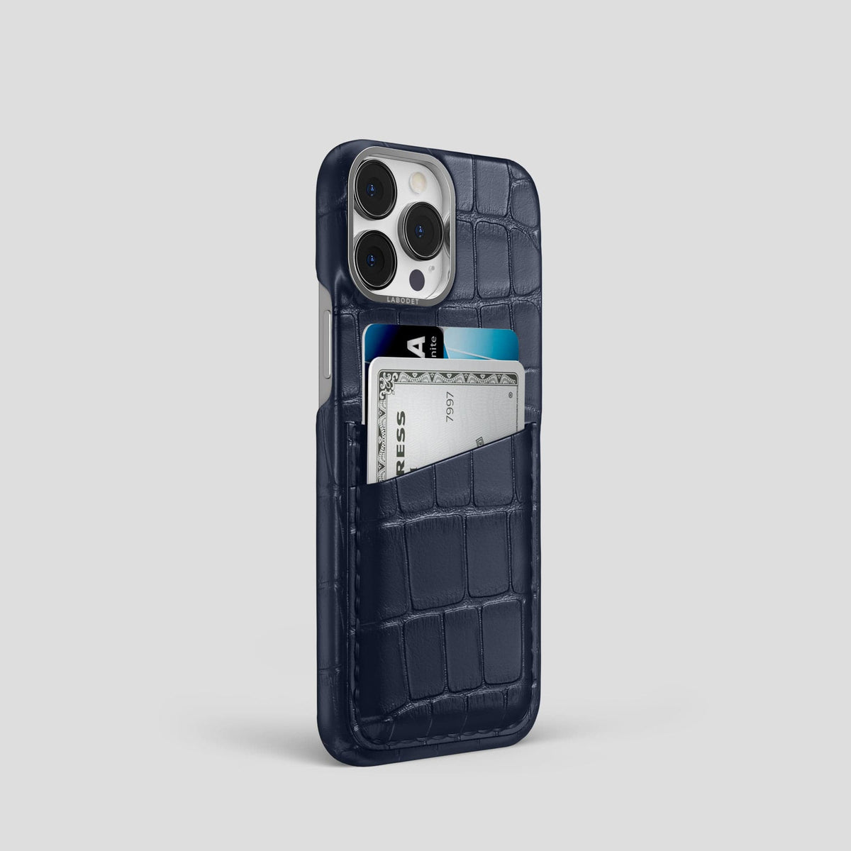 Navy Blue iPhone 14 Pro Card Case Alligator with Steel Metal -2 | Navy-Blue-Steel
