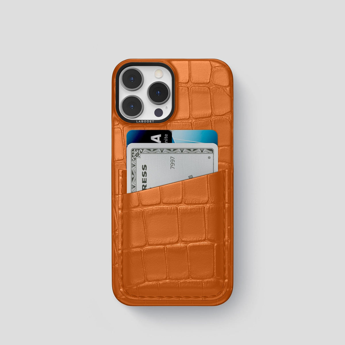 Orange iPhone 14 Pro Card Case Alligator with Black Metal -1 | Orange-Black