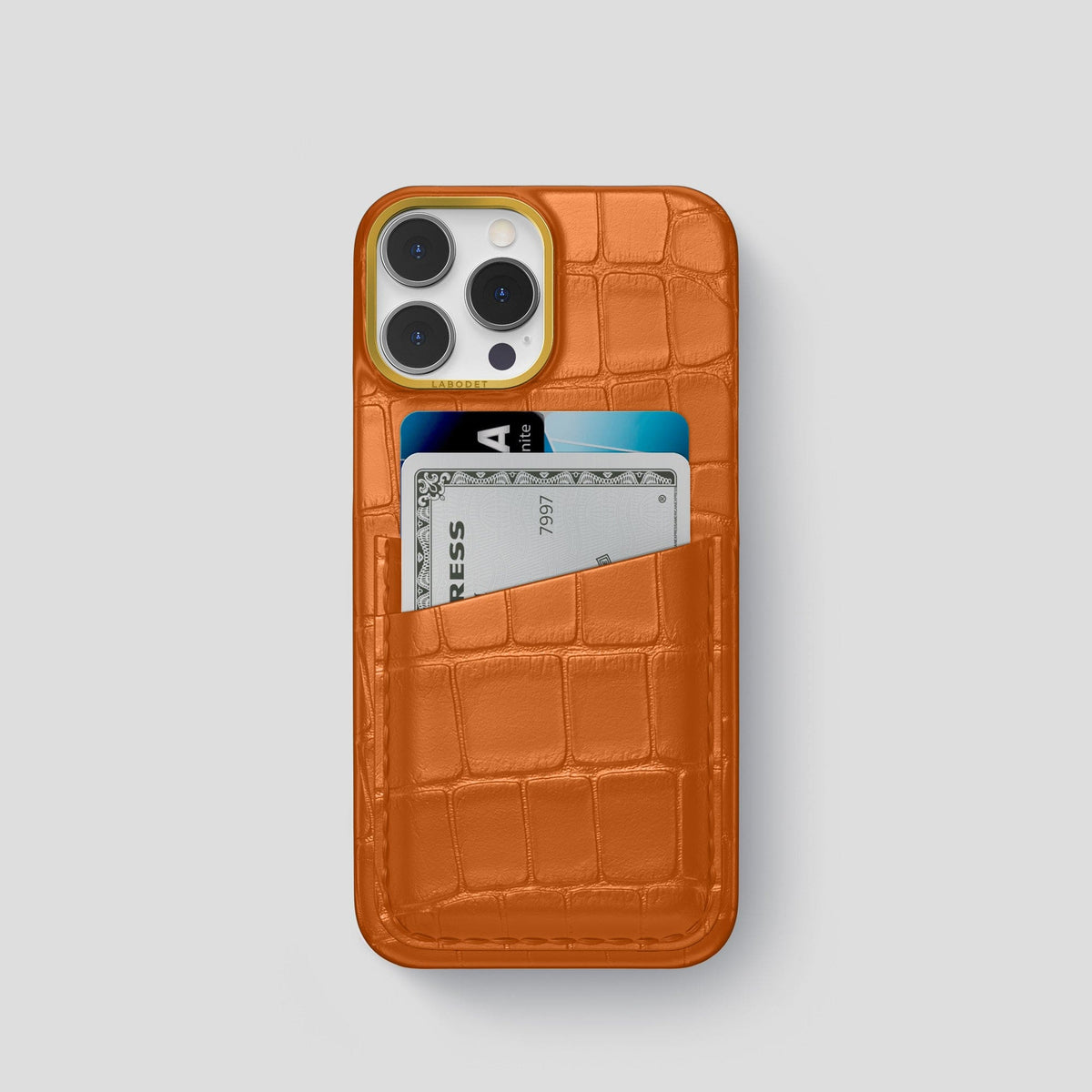 Orange iPhone 14 Pro Card Case Alligator with Gold Metal -1 | Orange-Gold