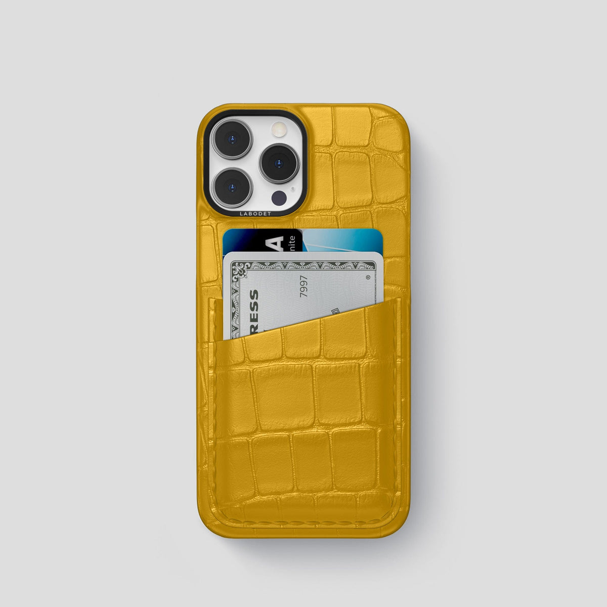 Yellow iPhone 14 Pro Card Case Alligator with Black Metal -1 | Yellow-Black