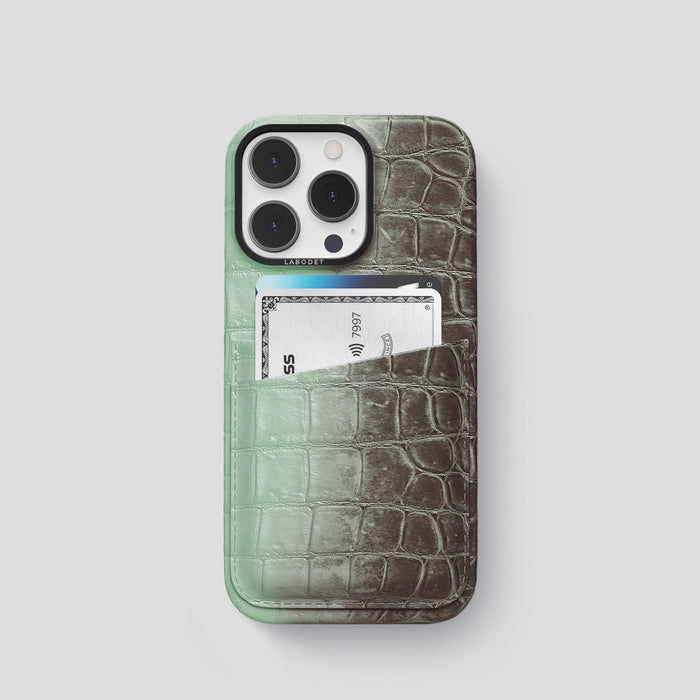 Pistachio iPhone 14 Pro Double Card Case Himalayan Crocodile with Black Metal -1 | Pistachio-Black