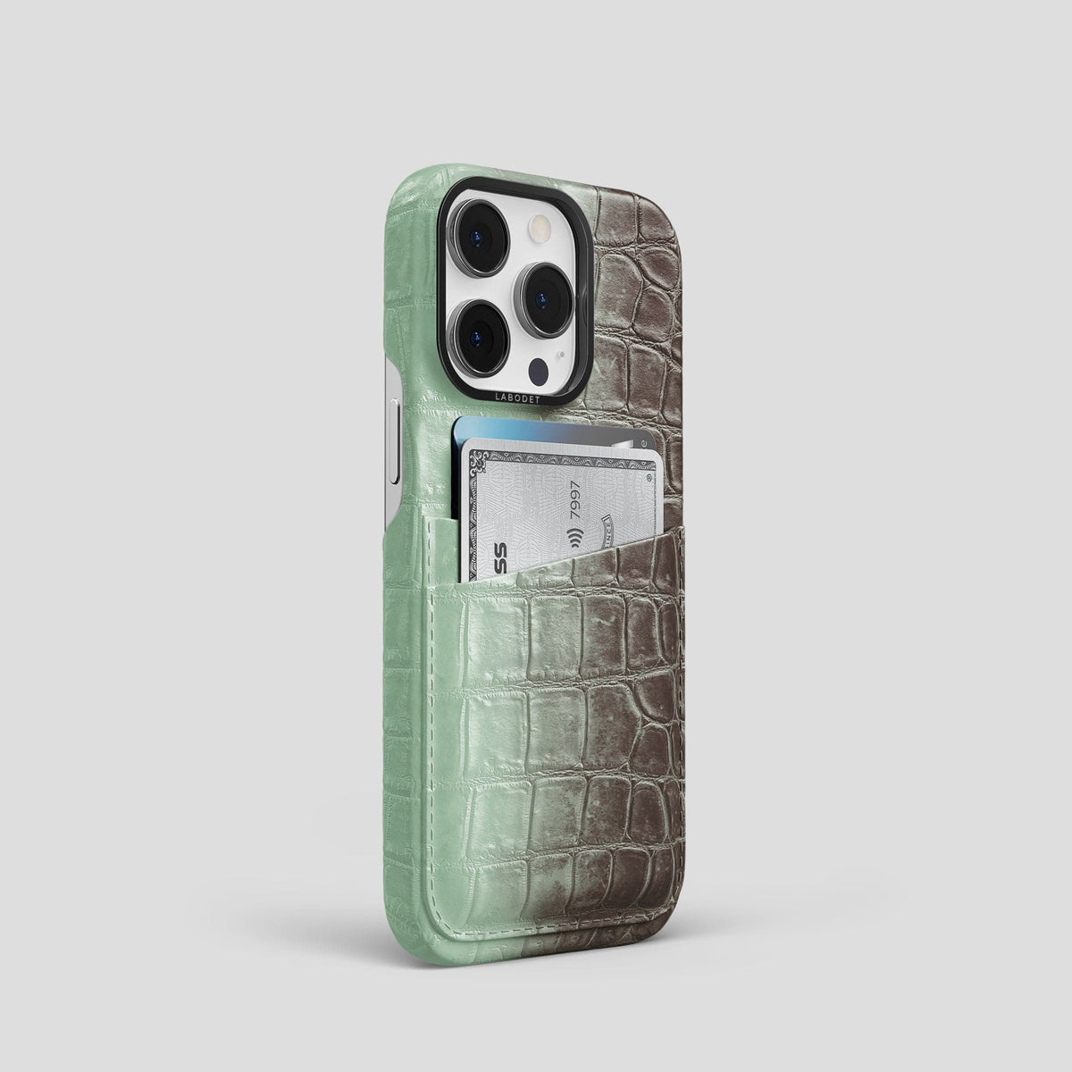 Pistachio iPhone 14 Pro Double Card Case Himalayan Crocodile with Black Metal -2 | Pistachio-Black