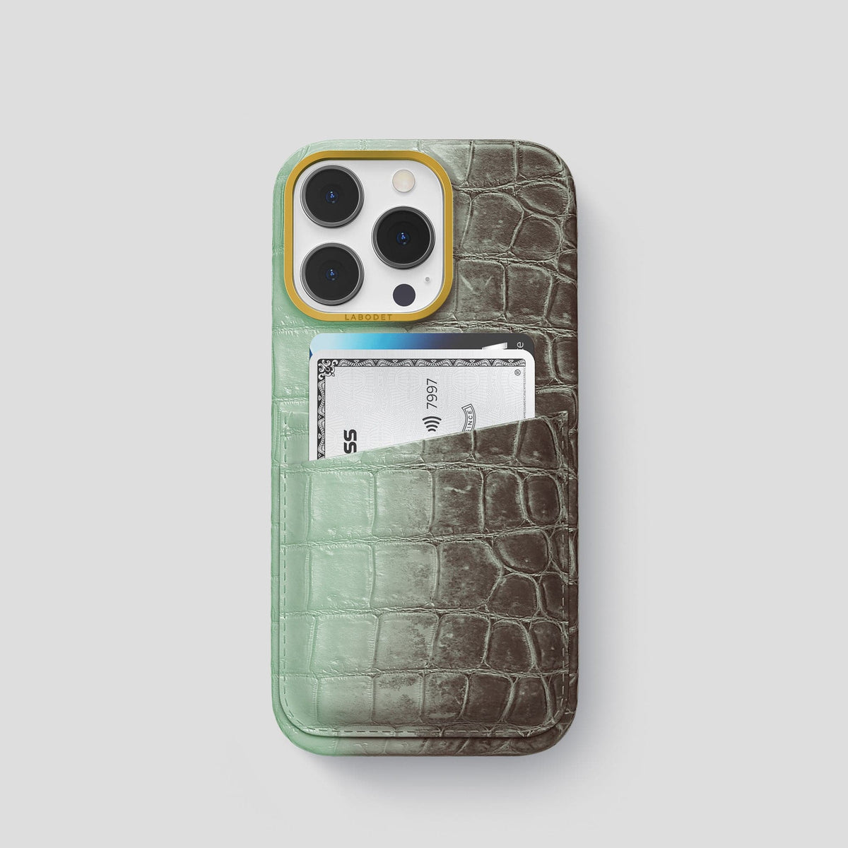 Pistachio iPhone 14 Pro Double Card Case Himalayan Crocodile with Gold Metal -1 | Pistachio-Gold