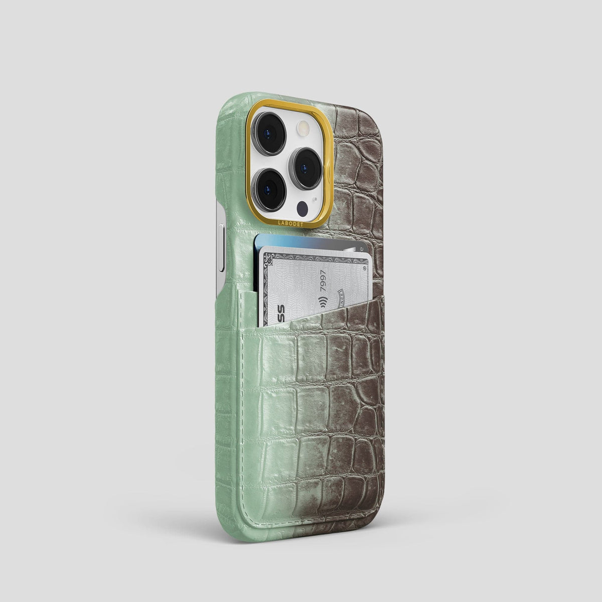 Pistachio iPhone 14 Pro Double Card Case Himalayan Crocodile with Gold Metal -2 | Pistachio-Gold