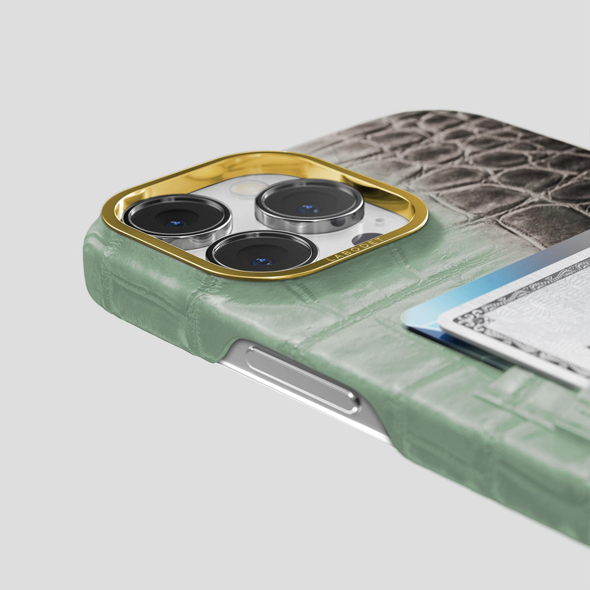 Pistachio iPhone 14 Pro Double Card Case Himalayan Crocodile with Gold Metal -5 | Pistachio-Gold