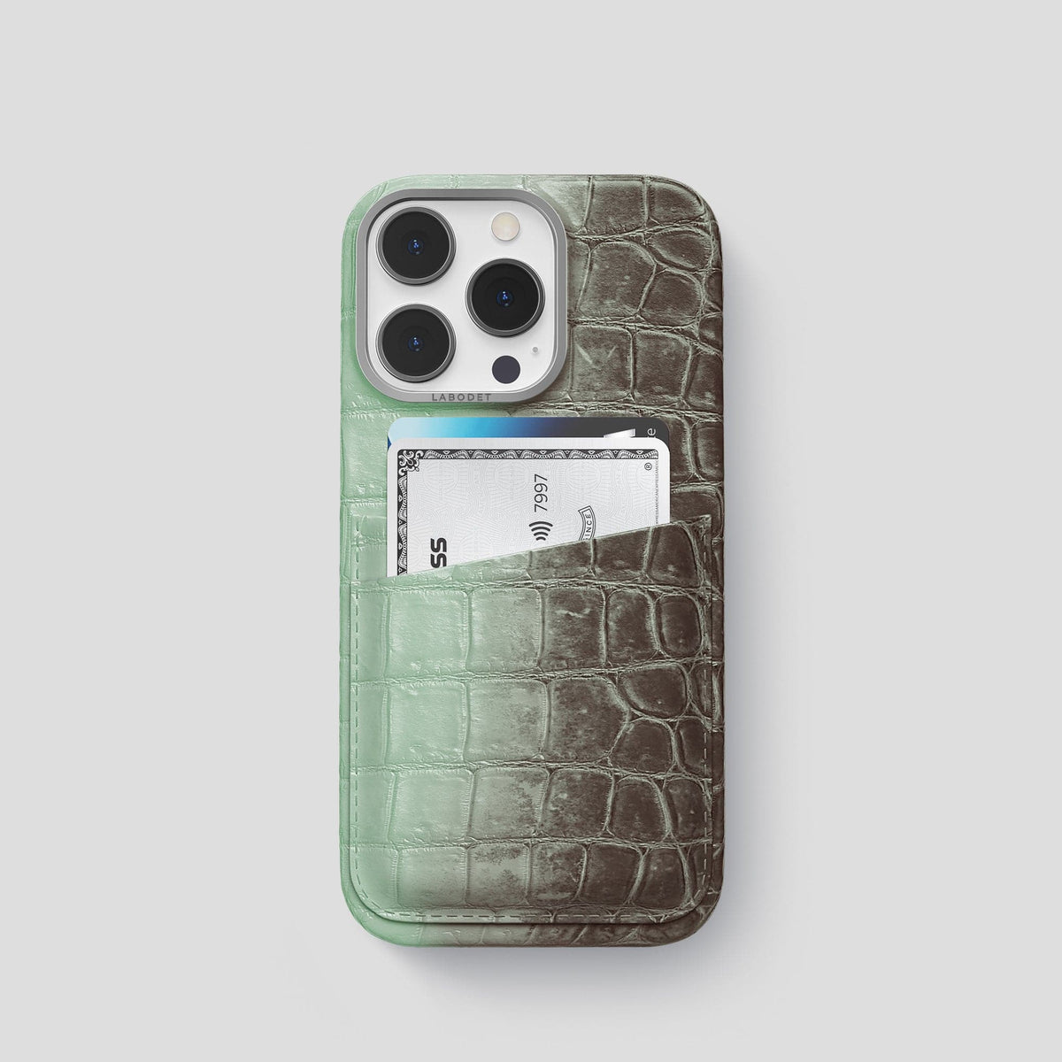 Pistachio iPhone 14 Pro Double Card Case Himalayan Crocodile with Steel Metal -1 | Pistachio-Steel