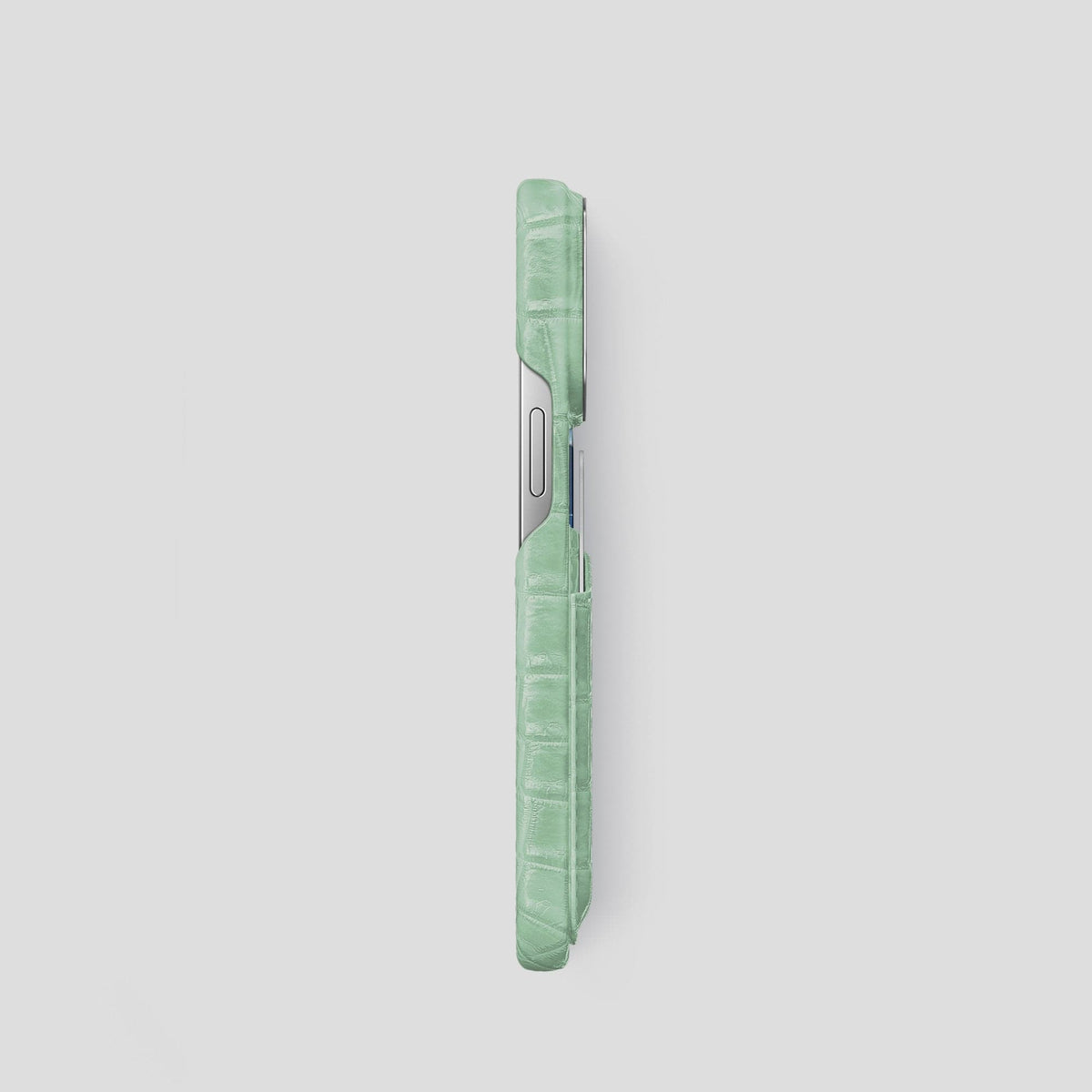 Pistachio iPhone 14 Pro Double Card Case Himalayan Crocodile with Steel Metal -3 | Pistachio-Steel