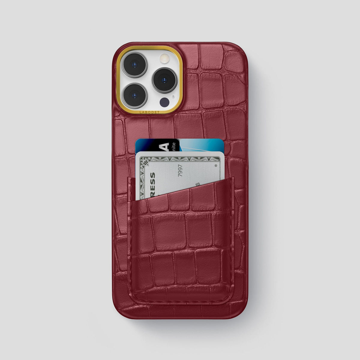 Burgundy iPhone 14 Pro Max Card Case Alligator with Gold Metal -1 | Burgundy-Gold