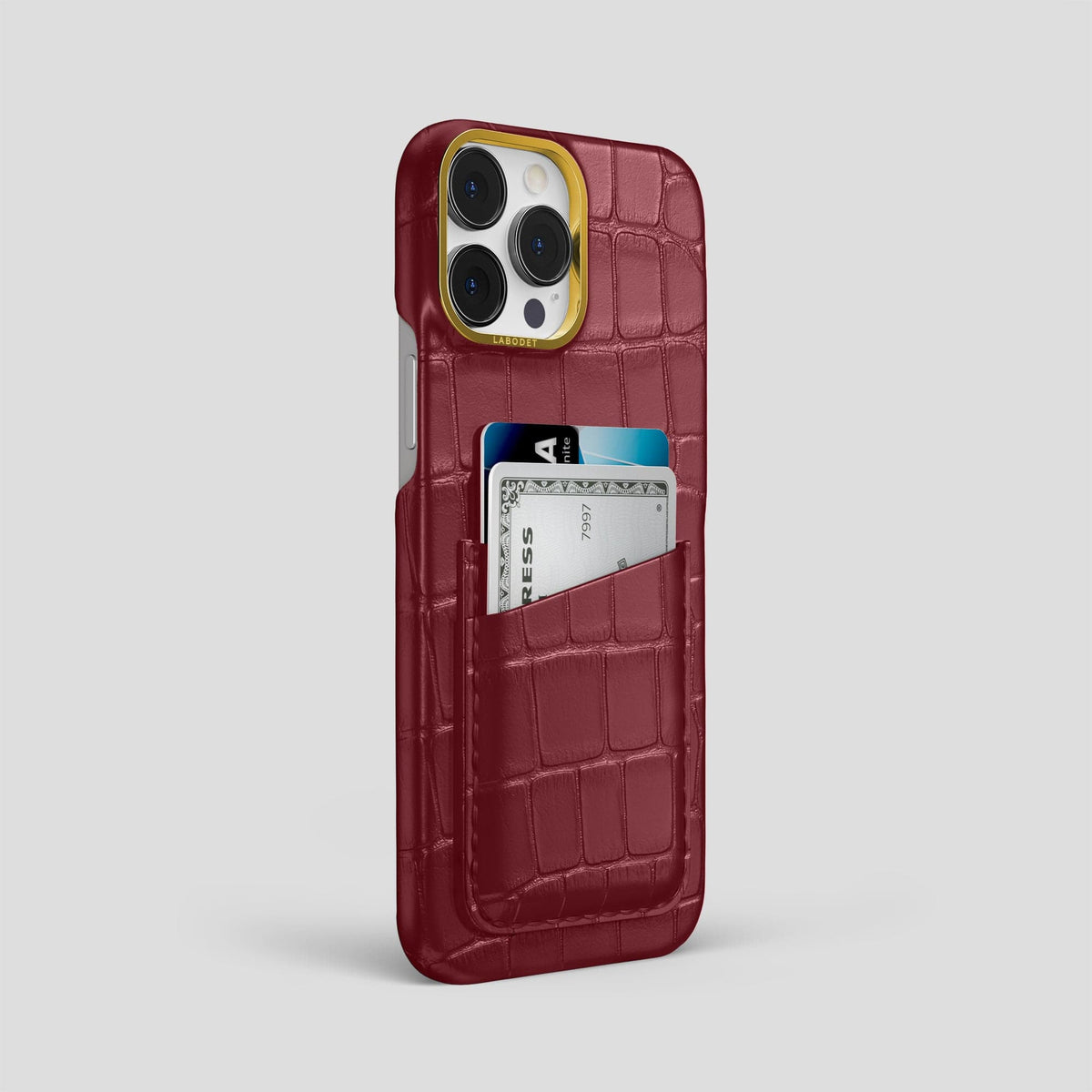 Burgundy iPhone 14 Pro Max Card Case Alligator with Gold Metal -2 | Burgundy-Gold