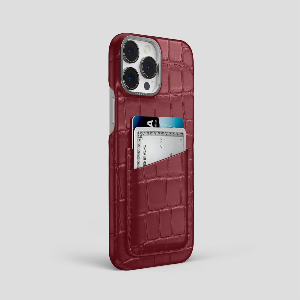 Burgundy iPhone 14 Pro Max Card Case Alligator with Steel Metal -2 | Burgundy-Steel