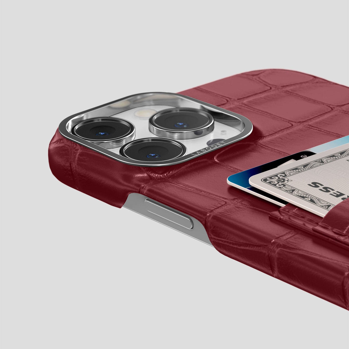 Burgundy iPhone 14 Pro Max Card Case Alligator with Steel Metal -5 | Burgundy-Steel