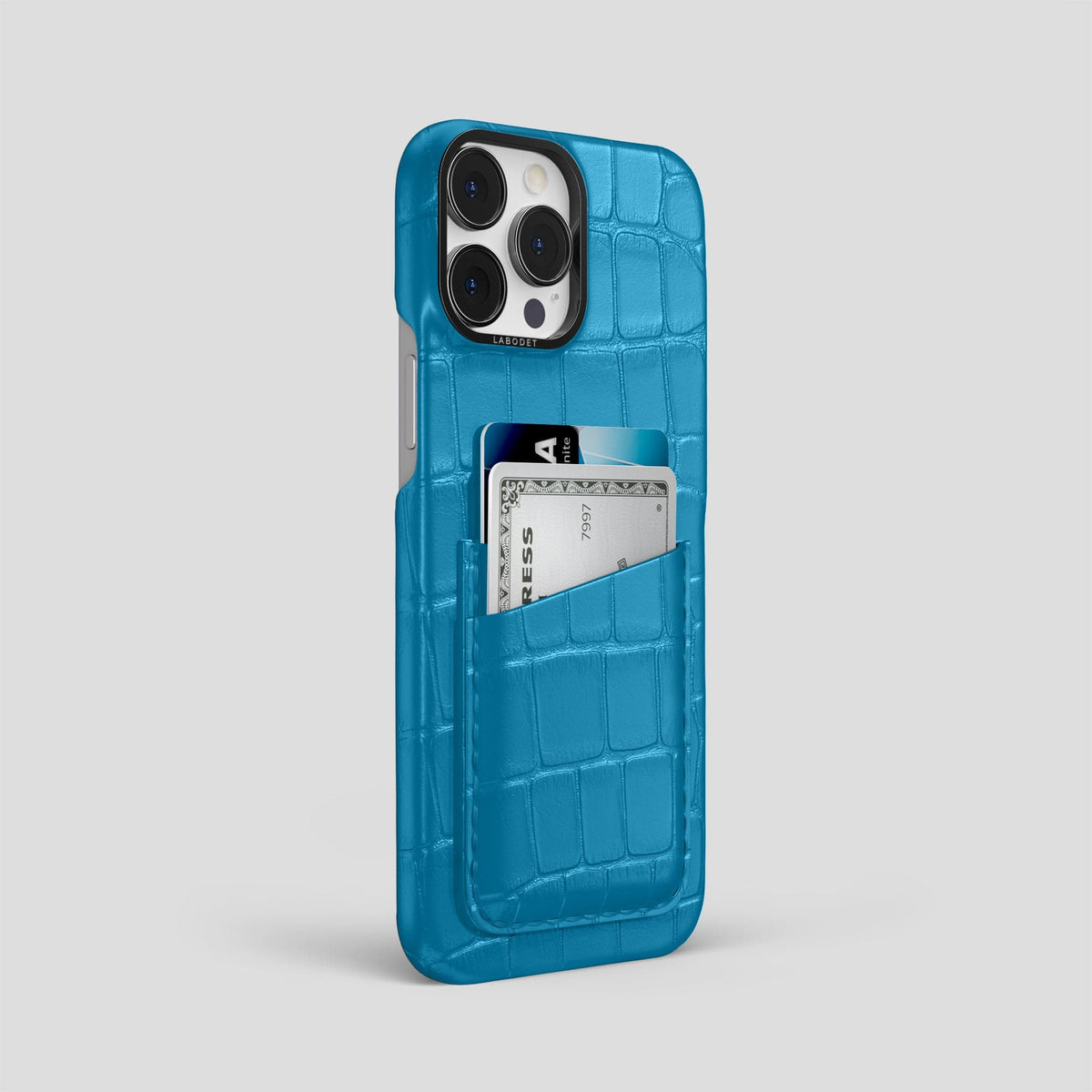 Curaçao-Blue iPhone 14 Pro Max Card Case Alligator with Black Metal -2 | Curaçao-Blue-Black
