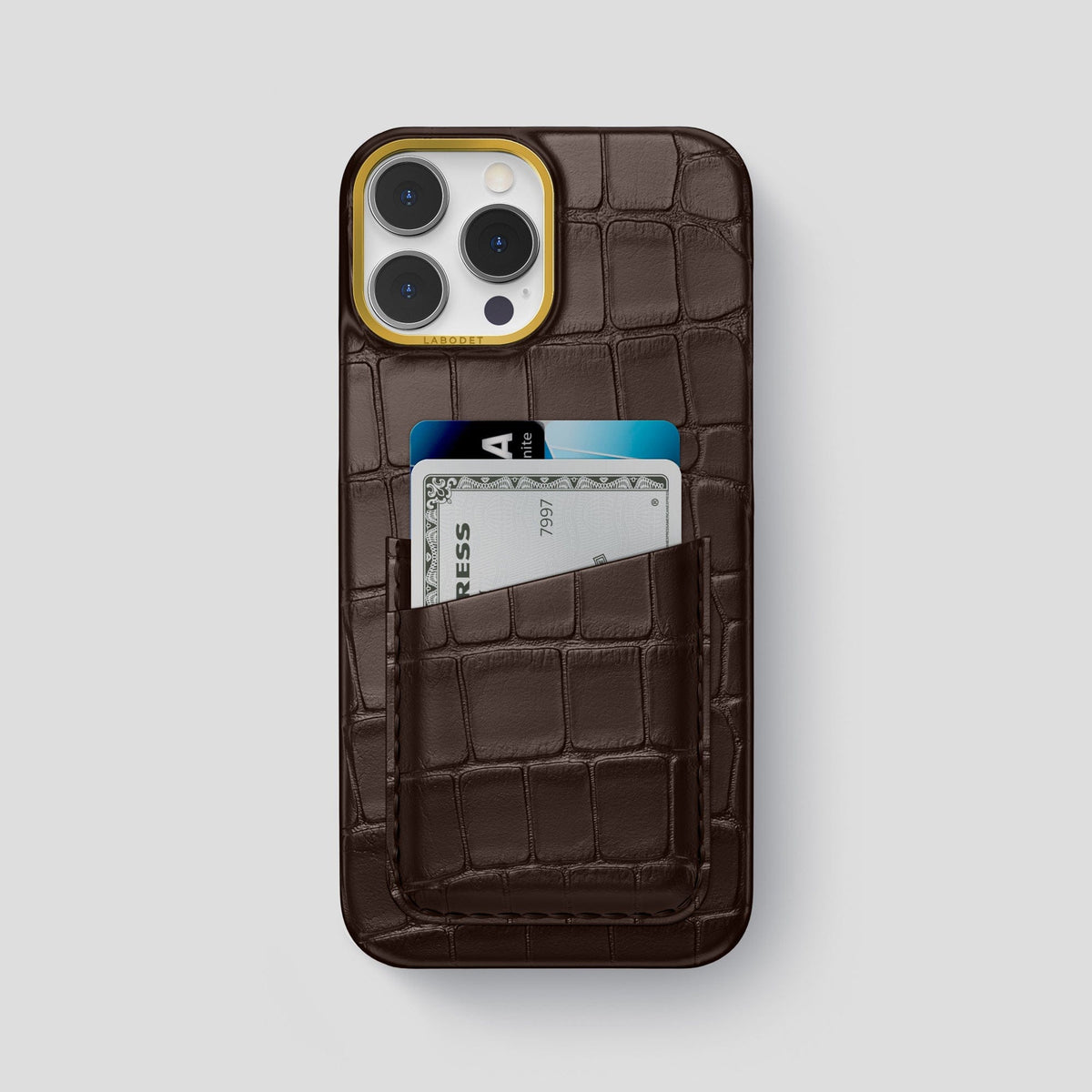 Dark Brown iPhone 14 Pro Max Card Case Alligator with Gold Metal -1 | Dark-Brown-Gold