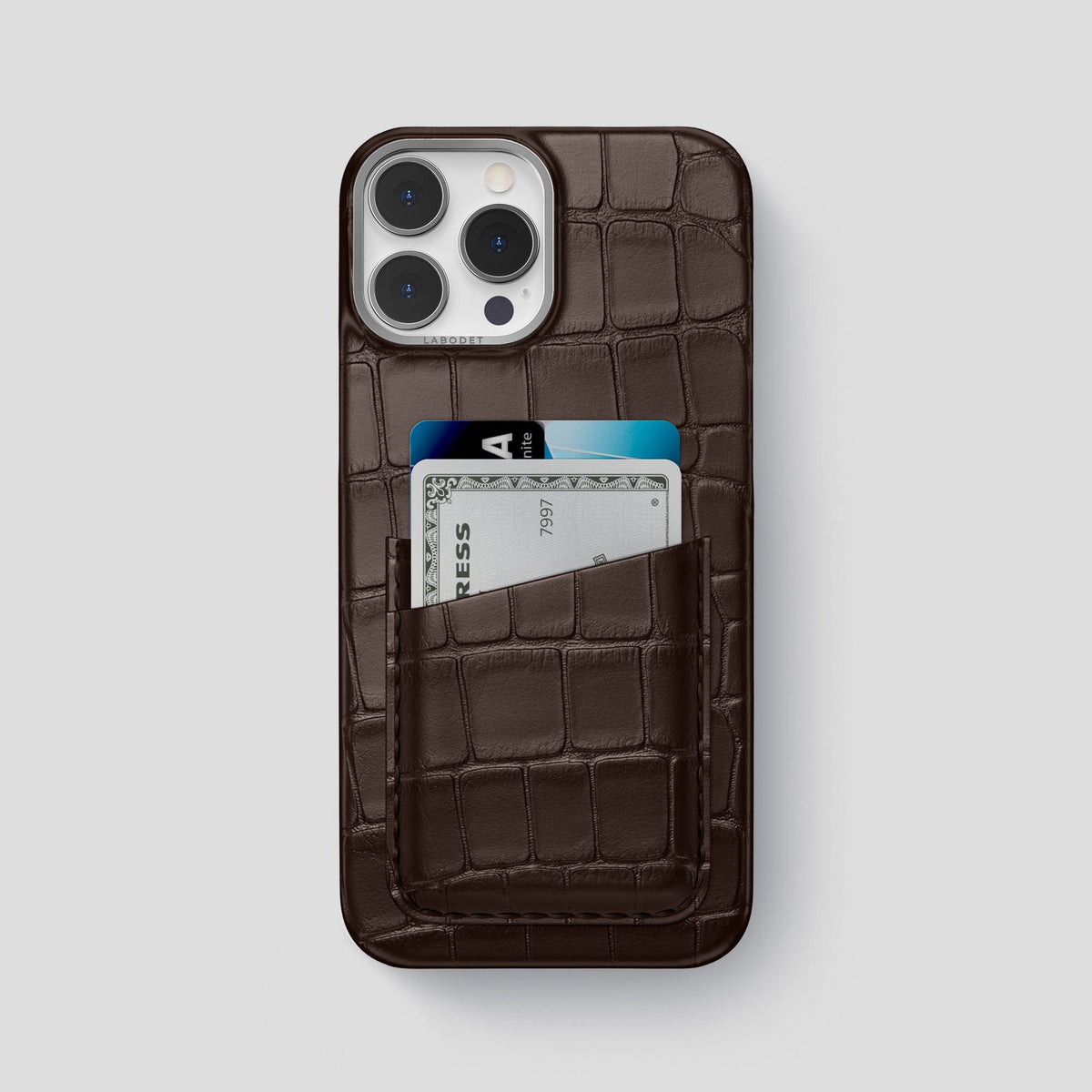 Dark Brown iPhone 14 Pro Max Card Case Alligator with Steel Metal -1 | Dark-Brown-Steel