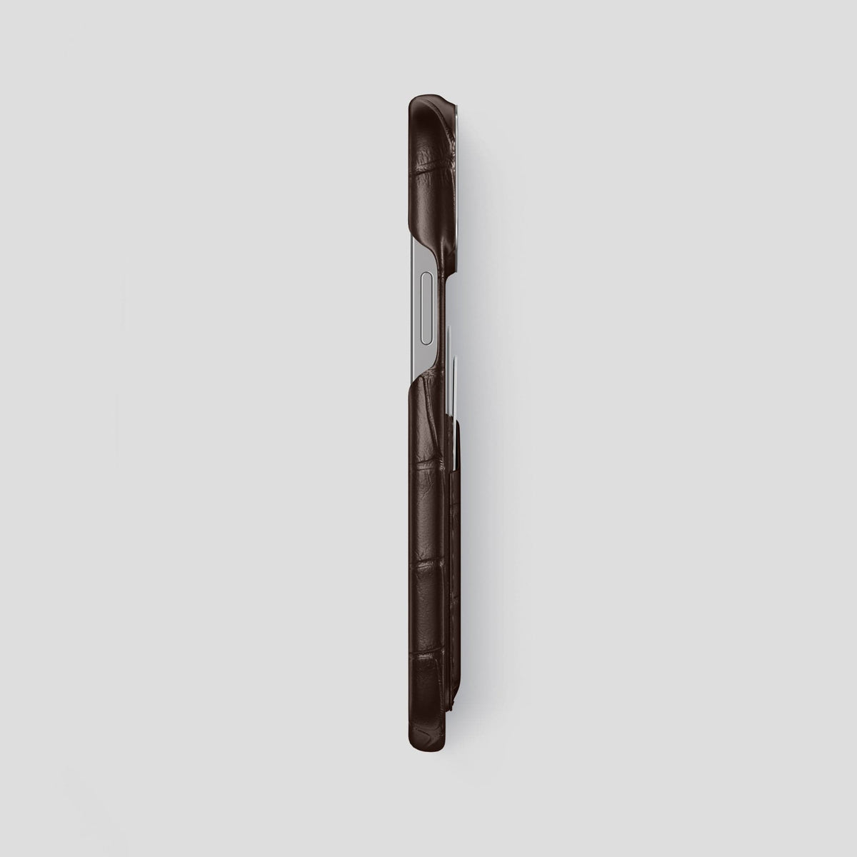 Dark Brown iPhone 14 Pro Max Card Case Alligator with Steel Metal -3 | Dark-Brown-Steel