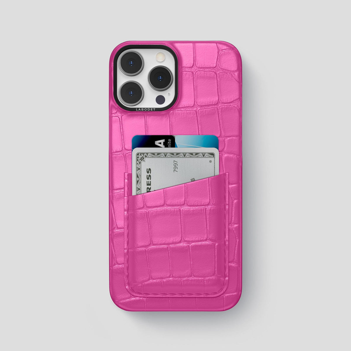 Fuchsia iPhone 14 Pro Max Card Case Alligator with Black Metal -1 | Fuchsia-Black