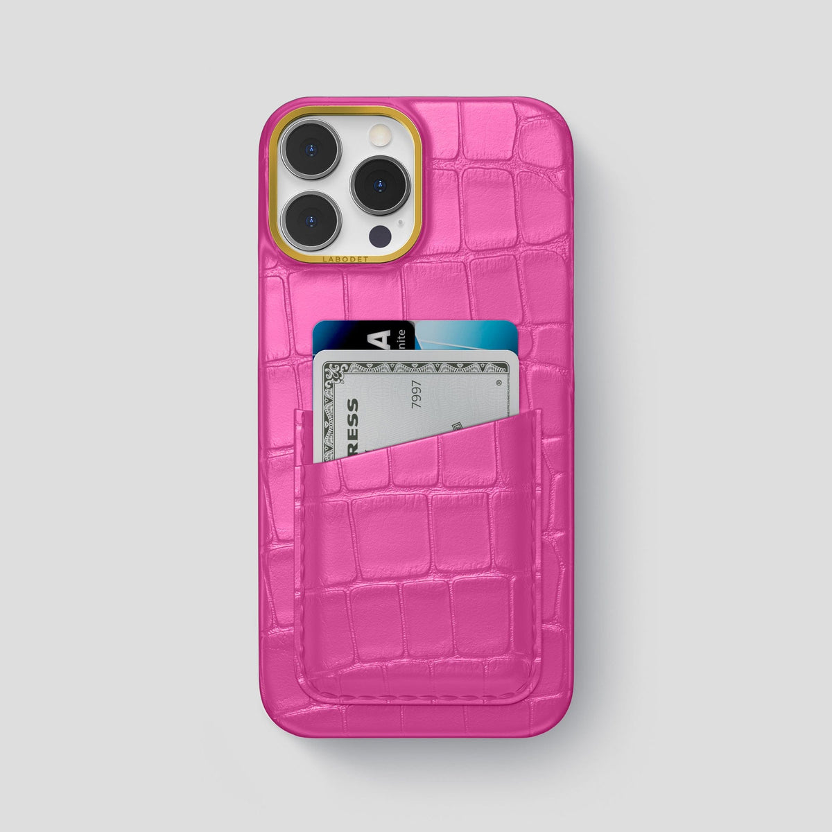 Fuchsia iPhone 14 Pro Max Card Case Alligator with Gold Metal -1 | Fuchsia-Gold