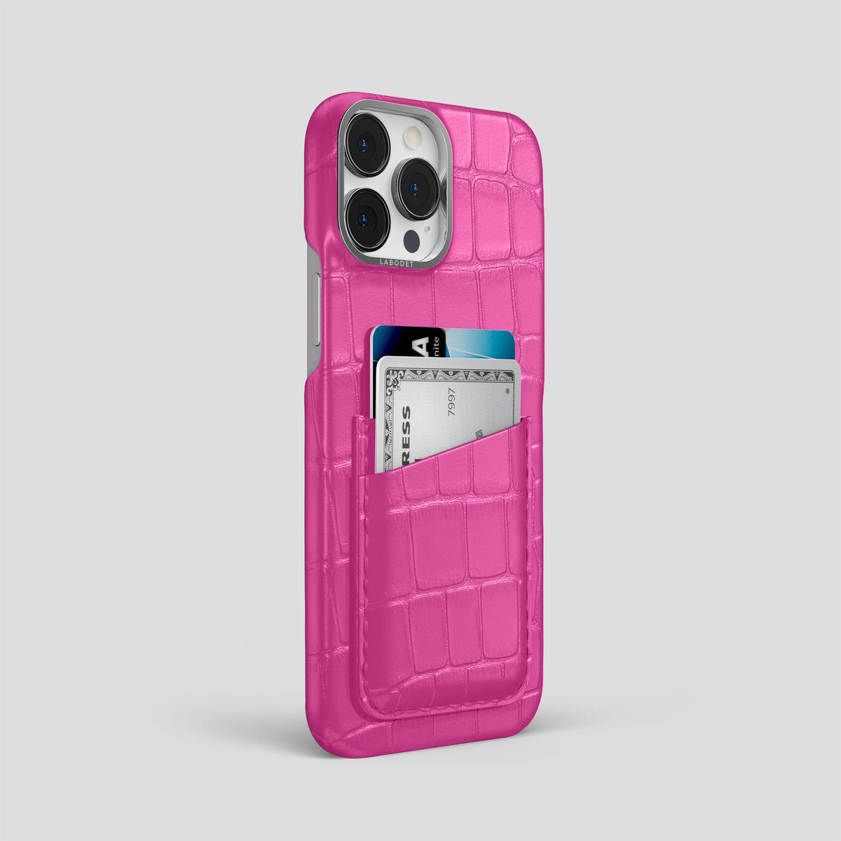 Fuchsia iPhone 14 Pro Max Card Case Alligator with Steel Metal -2 | Fuchsia-Steel
