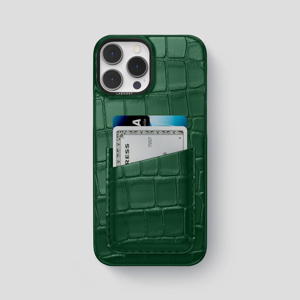 Forest-Green iPhone 14 Pro Max Card Case Alligator with Black Metal -1 | Forest-Green-Black