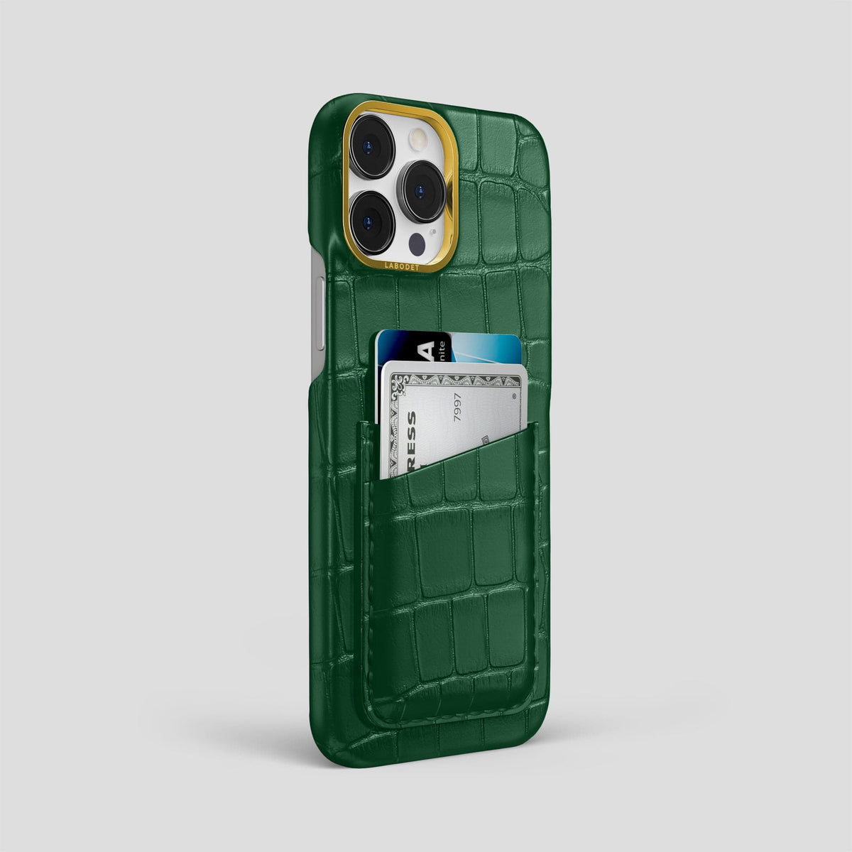 Forest-Green iPhone 14 Pro Max Card Case Alligator with Gold Metal -2 | Forest-Green-Gold