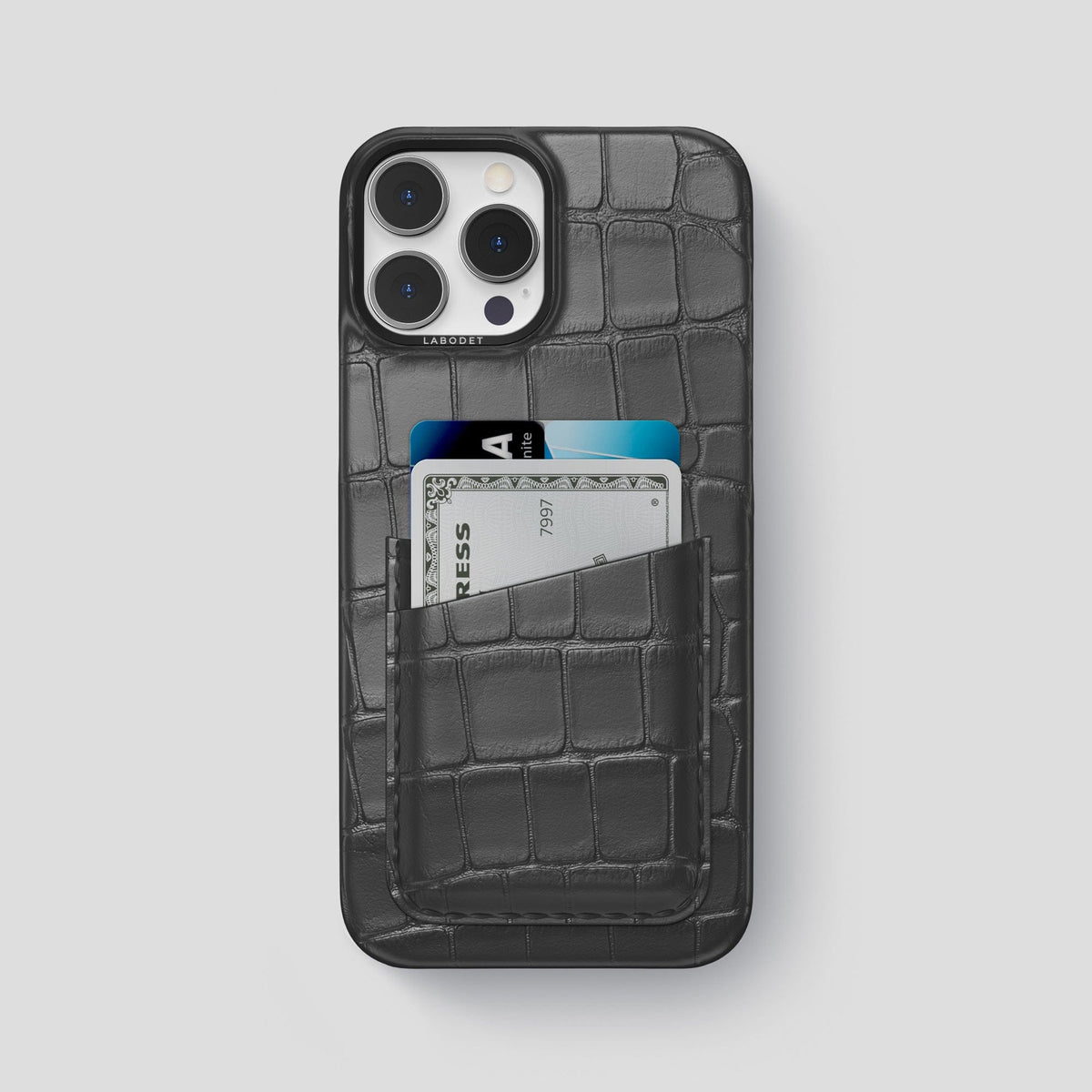 Grey iPhone 14 Pro Max Card Case Alligator with Black Metal -1 | Grey-Black