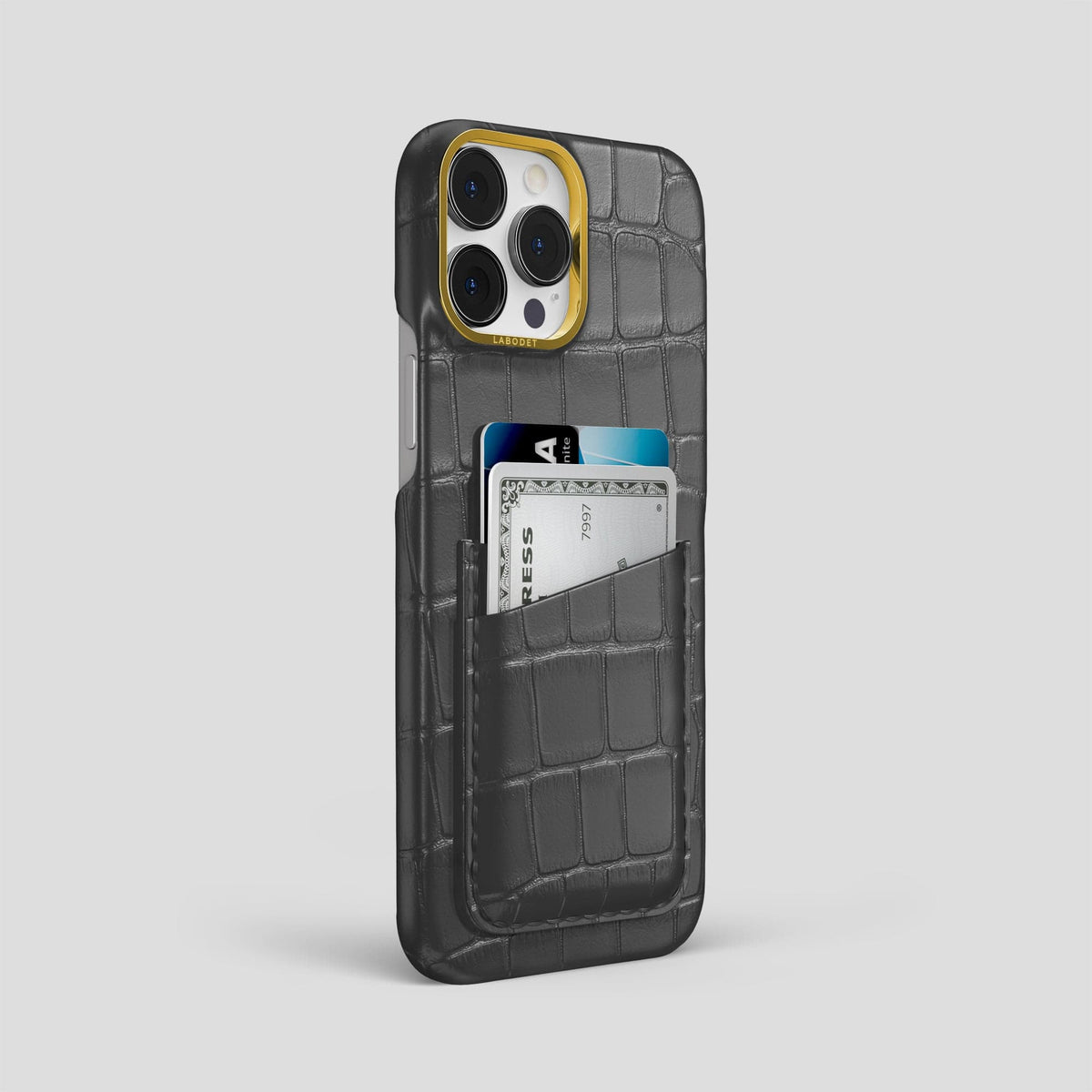 Grey iPhone 14 Pro Max Card Case Alligator with Gold Metal -2 | Grey-Gold