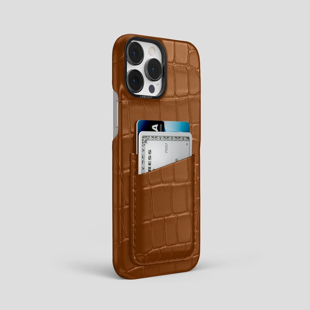 Honey iPhone 14 Pro Max Card Case Alligator with Black Metal -2 | Honey-Black